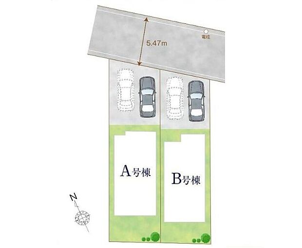 【区画図】
前道が約5ｍ以上あり、間口も広めなので、車庫入れが苦手な方でも安心して入れられます♪