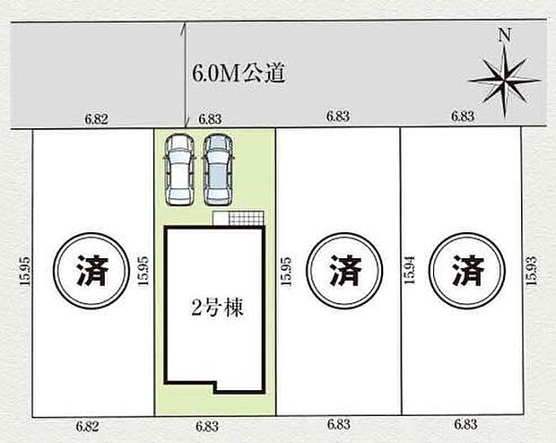 南北に広いきれいな土地形状です♪
明るい南向きのお住まい☆
駐車スペースは並列2台分！来客時にも便利ですね♪♪