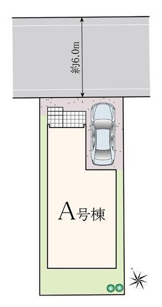 【区画図】
日当たりの良い立地！お庭はガーデニングや小さなお子様の遊び場にもピッタリ♪
前面道路は6ｍと広く、駐車もしやすそうですね◎
