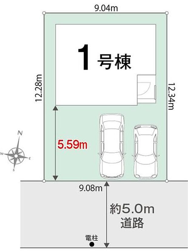 庭先が5.59ｍと広くとってあるので、心地良い風と暖かな陽光が得られますね♪
2台を並列駐車可能なゆとりあるカースペースも嬉しい♪