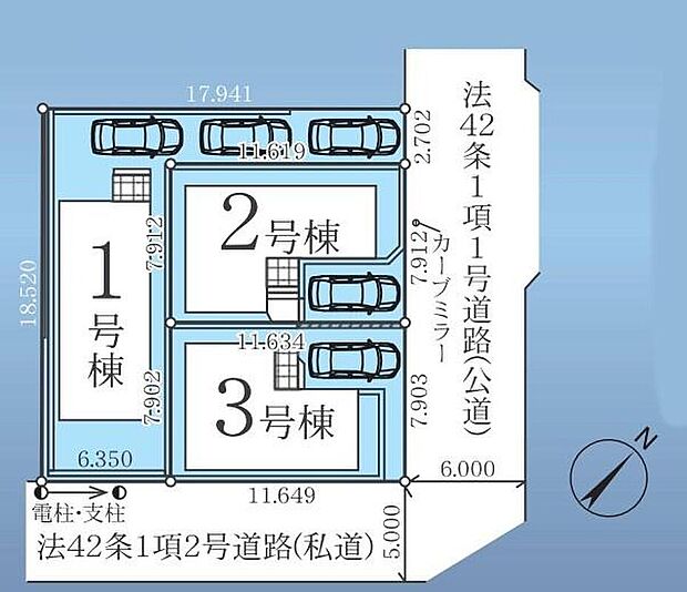 【全体区画図】駐車スペース完備！
お車から玄関までの距離が近いのでたくさんお買い物をした日も大丈夫♪雨の日も最小限の被害ですみます♪