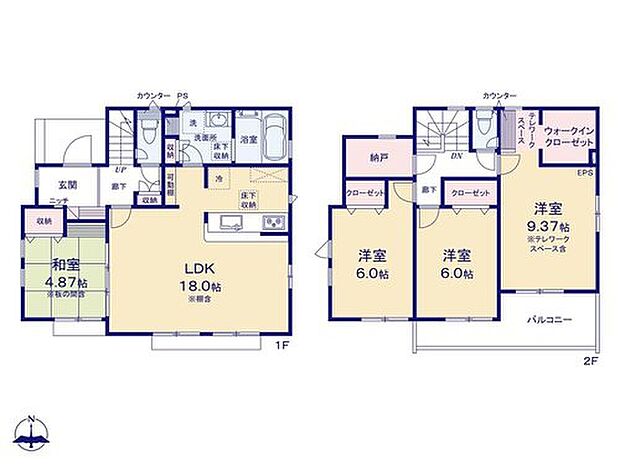 【4LDK+S】◇納戸・WIC設置☆収納豊富なお住まい◇
全室南向きで明るく風通しの良い間取り♪
2階【9.37帖】の主寝室には「WIC」と「テレワークスペース」を設けました♪
その他のお部屋も全【6帖】と広々☆