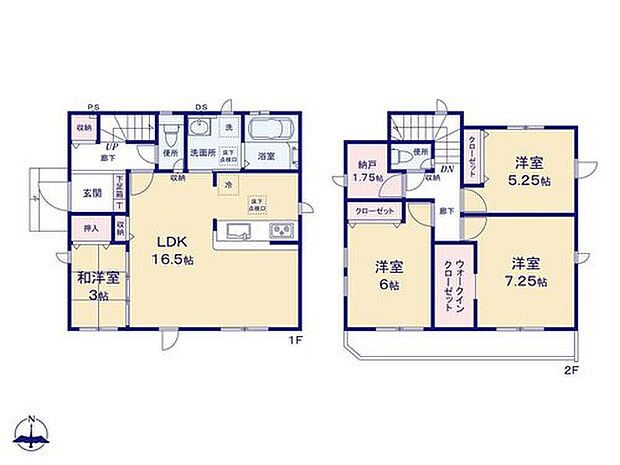 【4LDK+S】和洋室が隣接したLDKは【16.5帖】☆
キッチン近くに水廻りが集中しているので家事動線も◎！
2階には「サービスルーム」が有るので、納戸やテレワークスペースなどにも活躍しそう☆