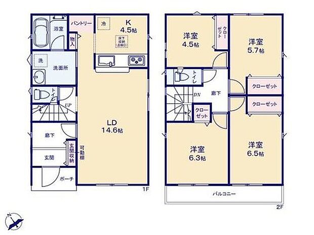 【4LDK】◇ご家族の帰宅も分かりやすいリビングスルー階段付き♪
◇水回りが集中しており、効率的でストレスのない家事動線♪
◇お水や調味料のまとめ買いしても置き場所に困らないパントリー付き♪