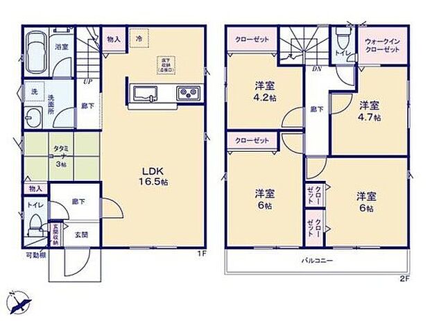 【4LDK】◇ご家族の帰宅も分かりやすいリビングスルー階段付き♪
◇来客用にもお子様の遊び部屋としても利用できるタタミコーナー付き♪
◇4.7帖の洋室にはコートなどもスッキリ片付くウォークインクローゼット付き♪
