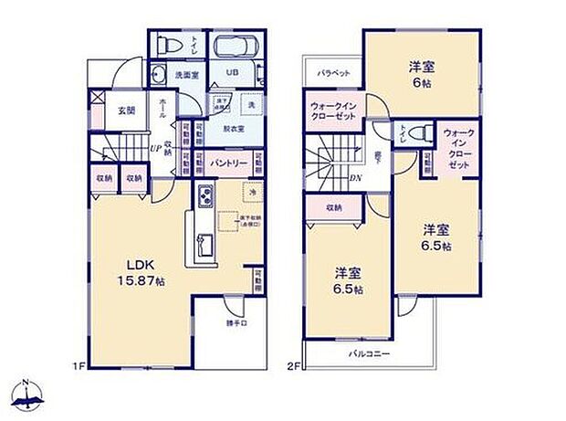 【3LDK】2階は全て6帖以上！ＷＩＣは2箇所に備わりお部屋をより広くお使いいただけます♪
あると嬉しい勝手口付き！リビングを通らずにサッとゴミ出しができます♪
2階は全室6帖以上！お子様も自室でゆったり過ごせます♪