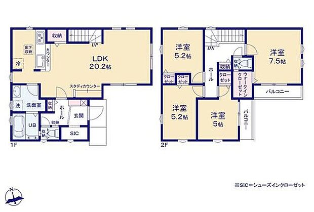 【4LDK】リビングイン階段で、お子様の帰宅もすぐわかりますね。
主寝室にはウォークインクローゼットを完備！増えがちな衣類やバッグなどを効率よく収納できます。
バルコニーが2カ所あるので洗濯物もたくさん干せます！