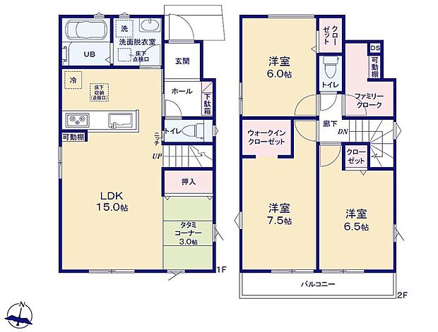 【3LDK】水回りがまとまっているので忙しい奥さんには嬉しい間取りです。
タタミコーナーはゆっくりお茶を楽しんだり、お昼寝スポットにも♪忙しい日々の中のくつろぎスポットにおすすめ。