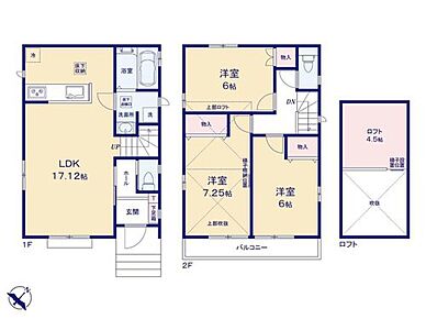全居室6帖以上・全洋室・ゆとりある3LDKのプラン☆
リビングイン階段でご家族のコミュニケーションが増える間取り♪
２階には吹き抜け天井が開放的なロフト付きのお部屋がございます！ 