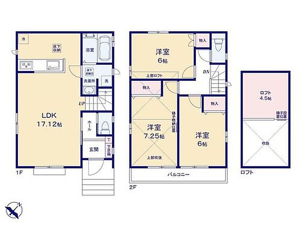 【3LDK】全居室6帖以上・全洋室・ゆとりある3LDKのプラン☆
リビングイン階段でご家族のコミュニケーションが増える間取り♪
２階には吹き抜け天井が開放的なロフト付きのお部屋がございます！