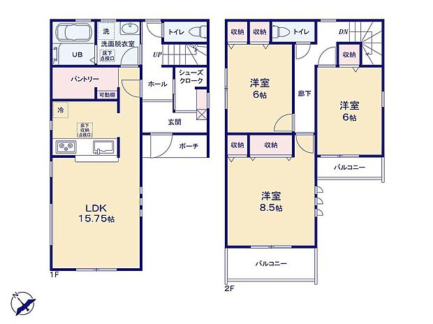 【3LDK】大容量のシューズクロークのあるプラン☆かさばるベビーカーや、アウトドア用品もスッキリ収納可能です♪
その他、広いパントリーも備えており、食料品のストックや日用品の収納にも大変便利です！