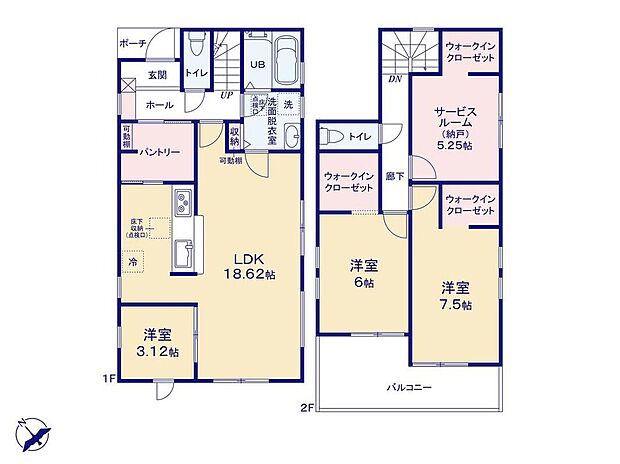 【3LDK+S】玄関ホールから行き来できるパントリーは、そのままキッチンにも移動できるので、お買い物後の動線が便利な間取りです☆2階居室には全てWIC完備！お洋服や思い出の品もたっぷり収納可能です♪♪