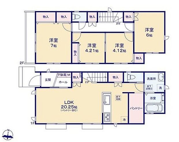 【4LDK】対面式キッチンからは、リビング全体が見渡せる間取り♪全室南側に採光を確保しました♪パントリーも付いています！