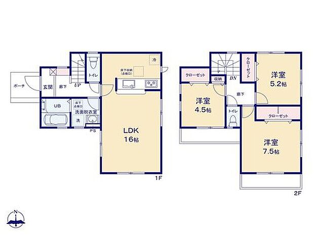 【3LDK】対面式キッチンからはリビング全体を見渡せる間取りです♪カウンター付きのキッチンなので、毎日の食事の配膳もラクになりそうですね☆
全居室収納完備!家族それぞれのお洋服や荷物もスッキリ収納可能です!