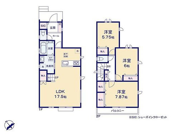 【3LDK】玄関には、あると嬉しいSIC♪リビングや、2階廊下の収納スペースには、掃除用具や日用品を収納しても◎
水回り集中設計で家事効率アップ！キッチンとの行き来もラクになりますね♪