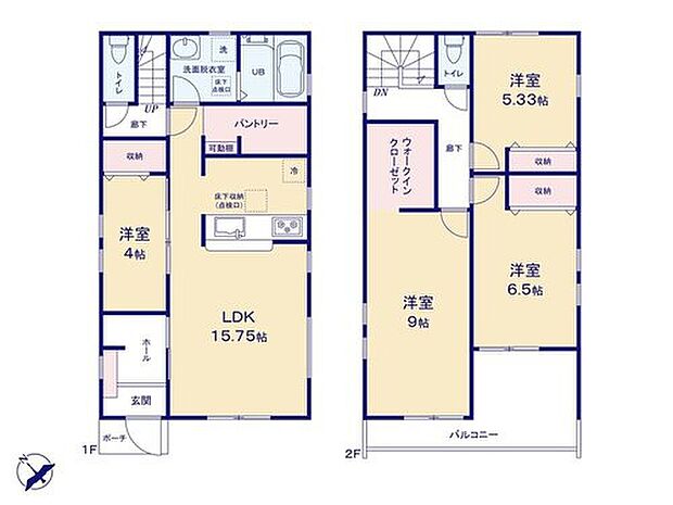 【4LDK】すっきり片付く「パントリー」を備え付けたキッチンは、リビングが見渡せる解放感が有ります♪
水廻りが集約しているので家事効率も良好です!
2階【9帖】の主寝室に嬉しい「WIC」設置済みです☆