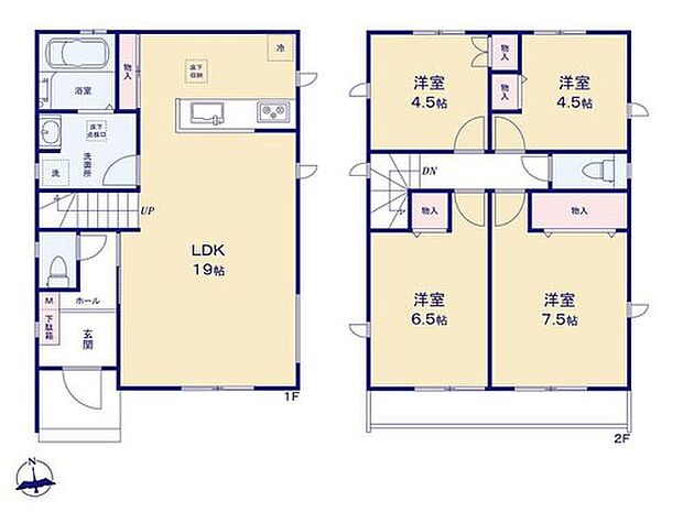 【4LDK】ひろびろとした19帖の開放的なリビング！リビングイン階段の間取りで家族の様子もよくわかります◎キッチン近くのリビング収納は、パントリーのように食料品の収納スペースとしてお使い頂いても便利です♪