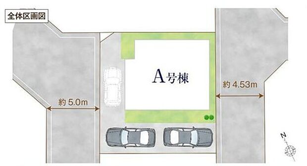 【全体区画図】2方向の道路で駐車もしやすい区画です◎
駐車スペースは車種により2~3台分♪
空いたスペースは自転車置き場にもオススメです♪