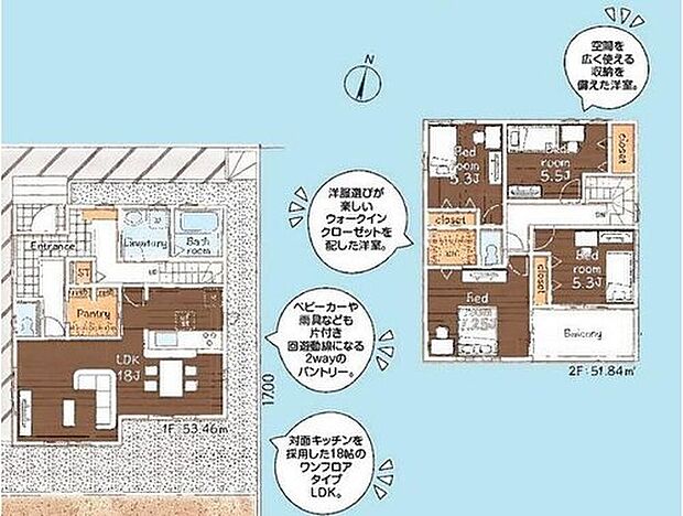 【4LDK】玄関ホールが2か所あり、移動がしやすい間取りです◎
パントリーも2WAY仕様なので、買い物後の収納もスムーズに出来ます♪
ひろびろ18帖のLDK、ワイドバルコニーも魅力のお住まいです!