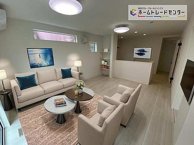 【リビング】お子さまは、ご飯の支度を頑張っているご家族の姿が見えると安心。手伝いたいという気持ちになるなど、お手伝いの習慣も育ちやすいですよ♪(家具はCGです)