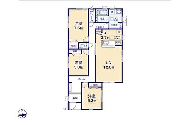 【3LDK】◇ワンフロアで生活出来る快適な平屋プラン♪
◇パントリー完備でまとめ買い時も安心♪
◇洗面室はゆとりの広さ！リネン庫付き！
◇全居室収納完備でお部屋スッキリ！