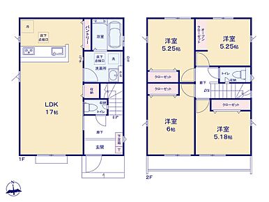 【17帖】のLDKは仲良し家族がゆっくり寛げる快適空間です☆
キッチン近くに水廻りが集約されているので家事動線も良好です！
2階居室は全室収納完備♪
開放感のある「オープンクローゼット」のお部屋もあります☆ 