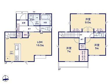 家族の成長に合わせて2階【9帖】のお部屋に間仕切りが可能な
「フレキシブルルーム」採用のお住まい☆もちろん全室収納完備！！
「パントリー」や玄関ホールに収納を設置し片付けやすい工夫が嬉しいですね♪ 