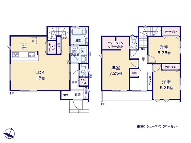【3LDK】LDKは広々18帖♪リビングイン階段の間取りで家族の会話も弾みそうですね☆1階はリビング収納・パントリーが揃い、散らかりがちな場所もスッキリ片付きます♪2階ホールのカウンターは、読書や趣味スペースにも◎