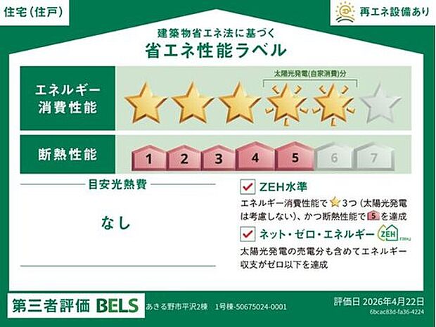 【【省エネ性能ラベル】】こちらの物件はZEH水準を満たした、省エネ性能に優れた物件です。　光熱費を抑えて暮らすことができるだけでなく、「熱の入りにくさ・逃げにくさ」という観点でも影響を受けにくい建物のため、長く快適にお過ごしいただけます♪　※本ラベルは特定の住戸の性能を示すものであり、全ての住戸の性能を示すものではありません。