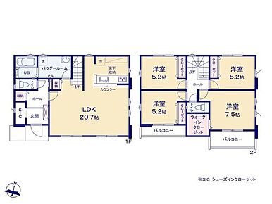 空間を広く使える20.7帖の開放感あるLDK☆リビングイン階段・対面式キッチンで家族の会話も弾みます♪
SIC・WIC、玄関ホールやリビングにも収納があり、散らかりがちな場所もスッキリ片付きそうですね◎ 