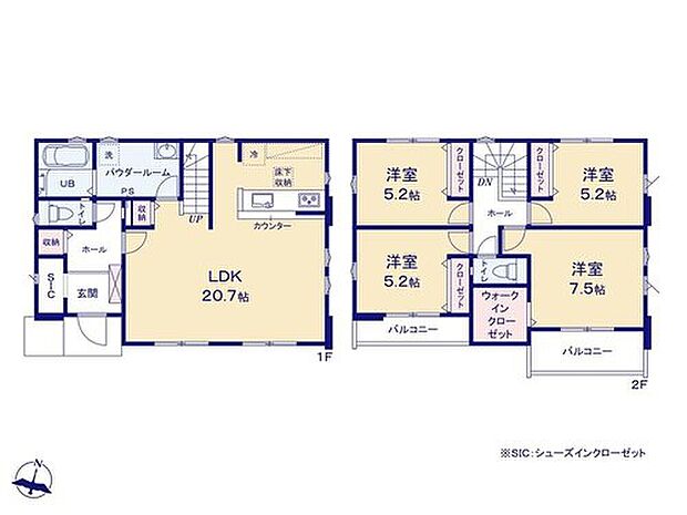 【4LDK】空間を広く使える20.7帖の開放感あるLDK☆リビングイン階段・対面式キッチンで家族の会話も弾みます♪
SIC・WIC、玄関ホールやリビングにも収納があり、散らかりがちな場所もスッキリ片付きそうですね◎
