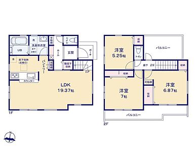 19帖超のひろびろLDK♪窓の多い明るい間取りで、毎日を気持ちよく過ごせそうですね♪水回りは集約した間取りで家事効率もアップ！2面ある広いバルコニーは、セカンドリビングとしてお使い頂くのもオススメです◎ 