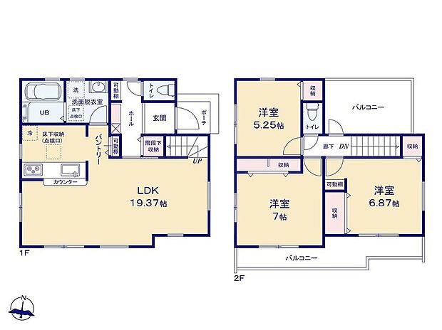 【3LDK】19帖超のひろびろLDK♪窓の多い明るい間取りで、毎日を気持ちよく過ごせそうですね♪水回りは集約した間取りで家事効率もアップ！2面ある広いバルコニーは、セカンドリビングとしてお使い頂くのもオススメです◎