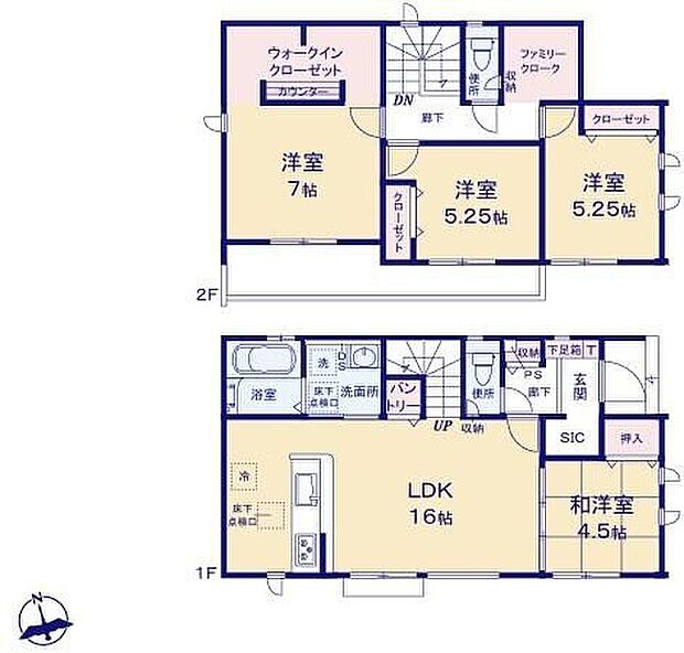 【4LDK】折下天井を採用した広々16帖のLDK!陽当たりも良好♪キッチンパントリーやWIC、SICを完備した、収納充実なプラン♪あると落ち着く『和室』付。家事の休憩スペースやお子様のお昼寝スペースとしても活躍します♪