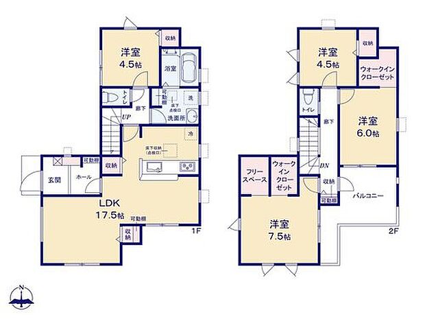 【4LDK+S】「WIC」を2室に備えた収納豊富なお住まいです♪
家族のコミュニケーションがもっと深まる「リビングスルー階段」や
2階主寝室の「フリースペース」など設備も充実です☆