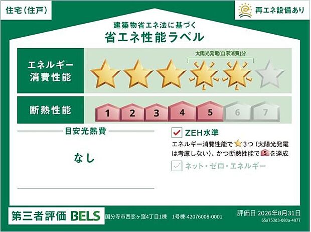 【【省エネ性能ラベル】】こちらの物件はZEH水準を満たした、省エネ性能に優れた物件です。 光熱費を抑えて暮らすことができるだけでなく、「熱の入りにくさ・逃げにくさ」という観点でも影響を受けにくい建物のため、長く快適にお過ごしいただけます♪