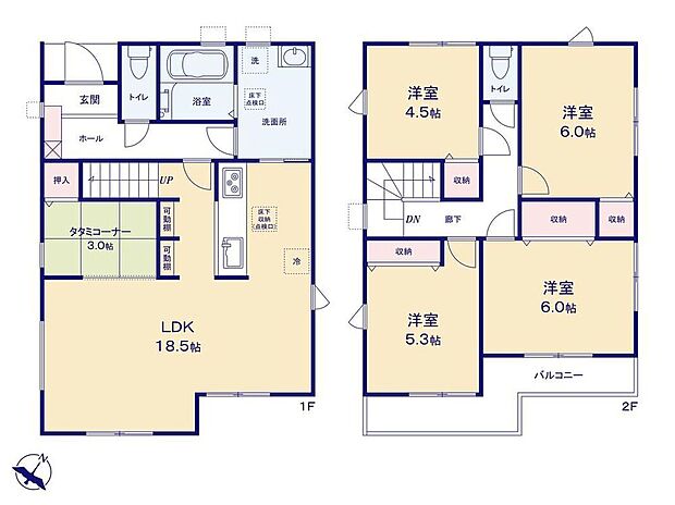 【4LDK】【18.5帖】のゆとりのLDKは三面採光！通風・採光共に良好です♪
リビングイン階段の間取りで、毎日の家族の様子もよくわかります◎
個室感ある居室でプライベートタイムも充実ですね☆