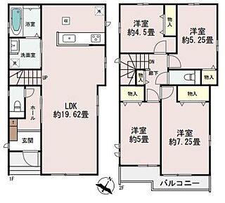 19帖超のひろびろとしたLDK☆三面採光で明るさも◎水回り集中設計で家事効率もアップ♪2階には4部屋を配し、家族それぞれのプライベート空間も確保しました♪♪ 