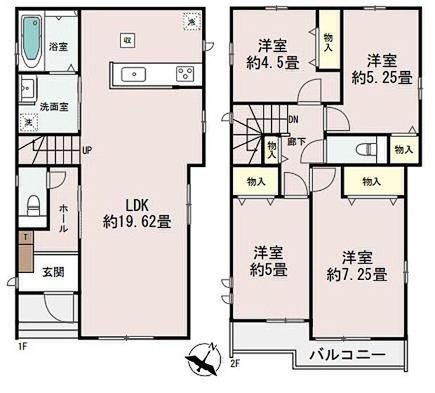 【4LDK】19帖超のひろびろとしたLDK☆三面採光で明るさも◎水回り集中設計で家事効率もアップ♪2階には4部屋を配し、家族それぞれのプライベート空間も確保しました♪♪