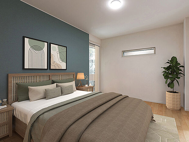 【主寝室 現地+CG】アクセントとして、クロス一面の色をカラフルに。部屋全体に穏やかな陰影とあたたかさを与え、日々過ごす時間を豊かにしてくれます。壁紙が織りなす視覚効果はまさに多彩で「空間をたのしむ家」を見事に演出。