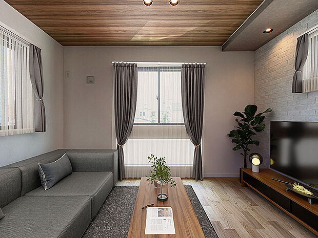 【-】一つひとつの空間を仕切らないことで生まれる安心感。家族の温もりを身近に感じる魅力的なリビング。たわいもない会話を楽しみ、ゆったりとした時間を過ごす空間。この場所から、家族の記憶が紡がれるでしょう。
