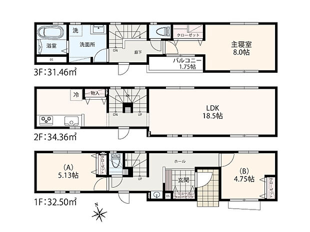 【3LDK＋SC】TAKIHOUSEが手掛ける3階建住宅は3階部分に洗面室（洗濯機置き場）を設けることで「洗う」→「ほす」→「たたむ」→「しまう」をワンフロアで出来る洗濯家事動線で家事時間を短縮する暮らしを提案します。