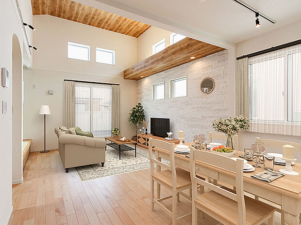 【リビング　現地写真＋ＣＧ(2024年11月11日現在）】2階ワンフロアを使ったLDK。開放的な吹き抜けに窓の多いデザイン、陽当たりのいい２階リビングは、冬でも暖かいです。1階と違い、プライバシー性も高く落ち着いて暮らせます。