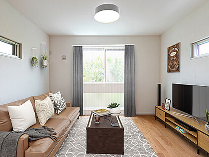 TAKIHOUSE　リビング　現地写真＋家具ＣＧ