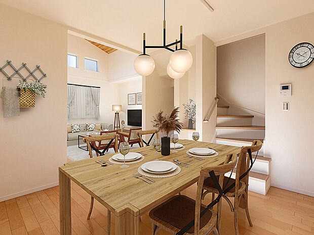 【リビングダイニング（施工例）】リビングイン階段を採用したことで他の階との繋がりを感じることができ、家族全員が集まりやすいリビングになりました。また、ドアの隔たりがないことも開放感を与えてくれます。