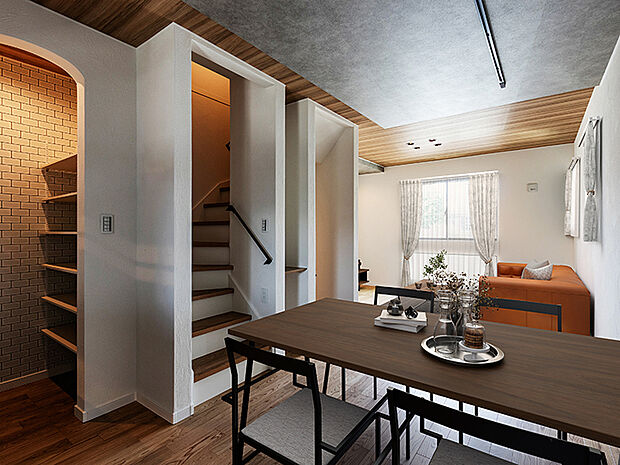 【リビングダイニング（現地＋CG家具）】グリノワール溝の口ではオリジナルデザインのブラックスチール装飾やレンガ調のタイル、明度を落としたアクセントクロスなどの素材を活かし、「インダストリアル」的などことなく重厚感の漂う室内に仕上げています。