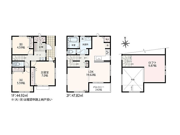 【1LDK＋2S+SC+大型ロフト】駐車スペース1台　1階小洗面コーナー＋吹抜けリビング＋オープンキッチン+キッチン収納＋固定階段で上がれる9.87帖の大型ロフト