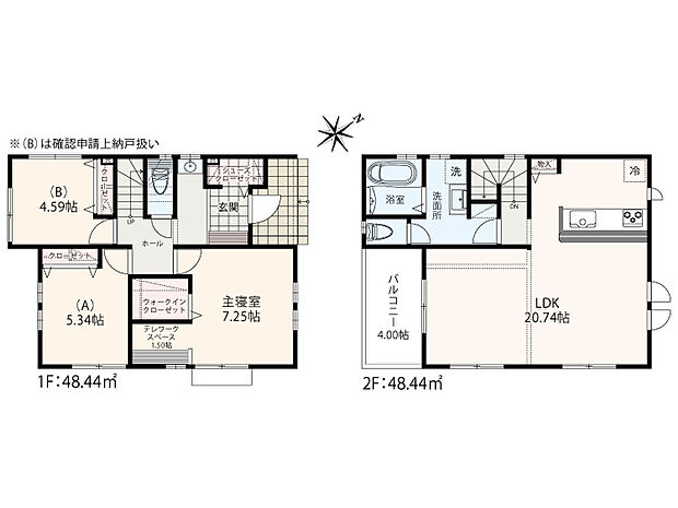 【2SLDK+WIC+SC】敷地面積:約38坪 2階建
シューズクローゼット+ウォークインクローゼット+テレワークスペース+手洗い洗面コーナー+バルコニー4帖