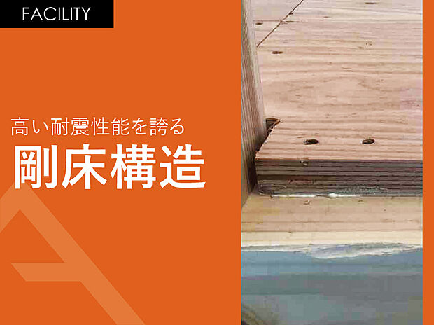 【高い耐震性を誇る「鋼床構造」】水平方向に対する力にも耐える。24ｍ厚の構造用合板と梁を接合して一体化した「鋼床構造」を採用。
地震や台風などの横から加わる力、水平荷重を分散させる強固な構造を実現し、高い耐震性能とともに台風などにも強い、安心安全な住まいを実現します。