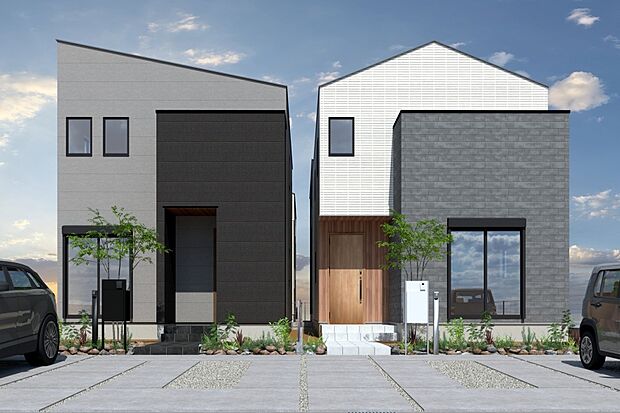 【■CGイメージパース/(右から)3号地、4号地外観パース■】(建物未完成のためイメージパースです)